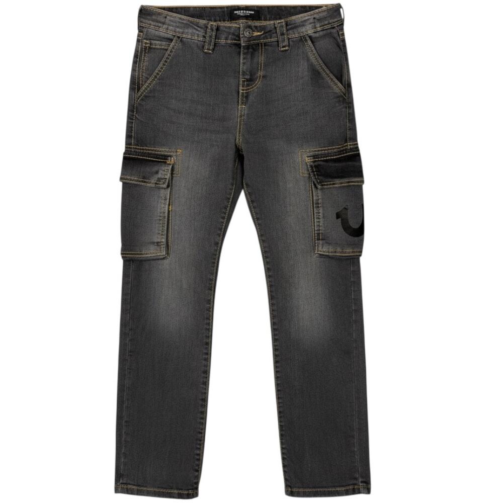 True Religion Boys Cargo Jeans Ricky Relaxed Gray Contrast Stitch Size 14 Buddha